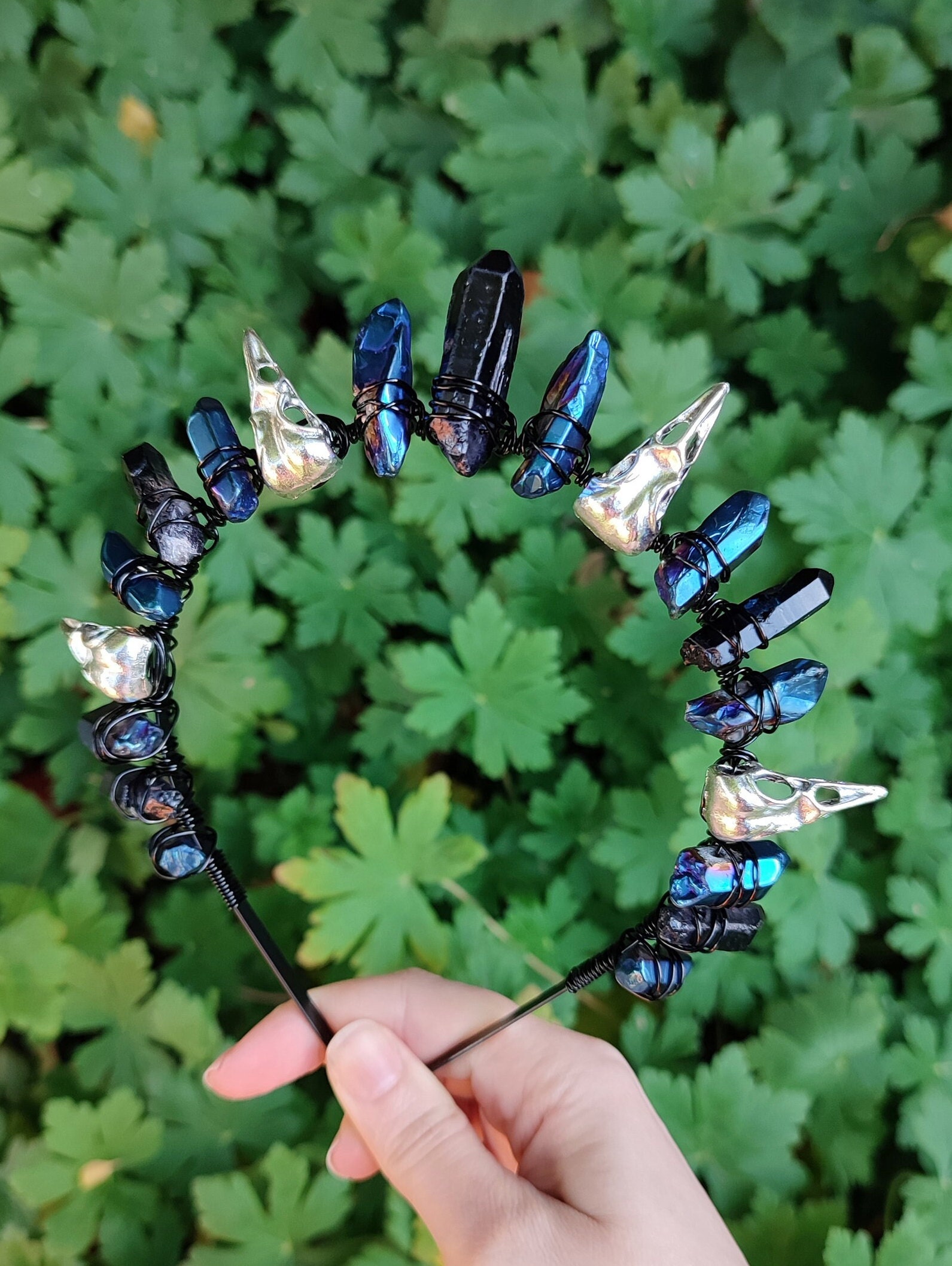 Mystic Crow Crystal Crown with Black and Blue Titanium Quartz and Crow ...