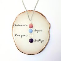 Necklace for grief with rhodochrosite, angelite, rose quartz and amethyst with chain or cord.