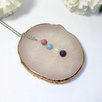 Necklace for grief with rhodochrosite, angelite, rose quartz and amethyst with chain or cord.
