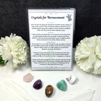 Crystal set for grief and bereavement with rose quartz, amethyst, smokey quartz, amazonite, howlite and information card.