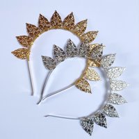 Halo crowns with filigree teardrops in silver, gold or black.