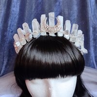 Arwen Crown featuring quartz wire wrapped onto a headband with filigree moon and silver leaf ribbon.