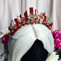 Oriental crown with red jasper, fan and butterflies in silver or gold.