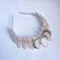 Isis Goddess crown featuring rose quartz wire wrapped onto a headband with three silver filigree moons.