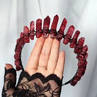 Bloodlust crown with red quartz wire wrapped onto a black headband.