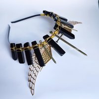 Valkyrie crown with black agate, bronze swords and gold filigree wings wire wrapped onto a headband.