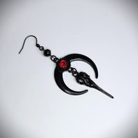 Black moon and raven dangle earrings with fishhooks.