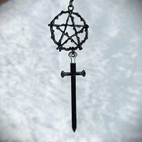 Black pentacle and sword earrings.