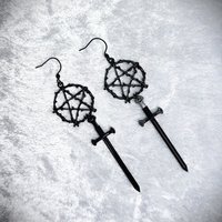 Black pentacle and sword earrings.