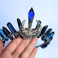 Selene crown with blue titanium quartz, glass crystal and filigree moon.