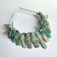 Diana Crown featuring amazonite wire wrapped onto a headband with silver leaves.