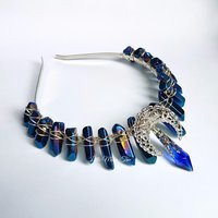 Selene crown with blue titanium quartz, glass crystal and filigree moon.