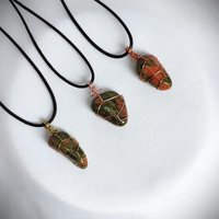 Unakite wire wrapped pendant in silver, gold or rose gold.