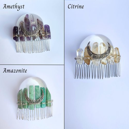 Crystal combs with silver moon in various gemstones.