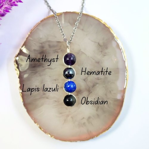 Psychic ability gemstone pendant with amethyst, hematite, lapis lazuli, obsidian.