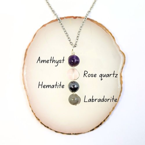 Empath Protection necklace with amethyst, rose quartz, hematite and labradorite beads.