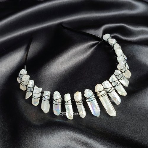 Angel Dust Crown featuring angel aura quartz wire wrapped onto a black headband.