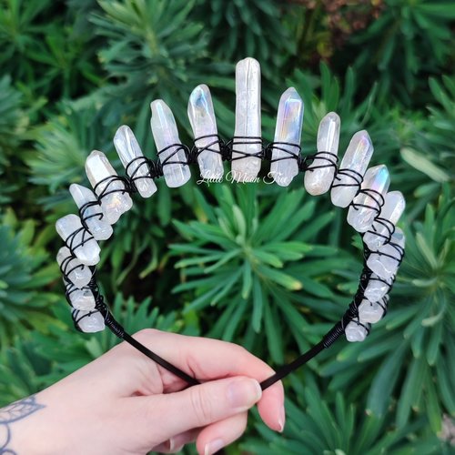 Angel Dust Crown featuring angel aura quartz wire wrapped onto a black headband.