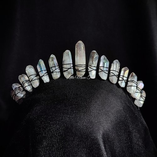 Angel Dust Crown featuring angel aura quartz wire wrapped onto a black headband.