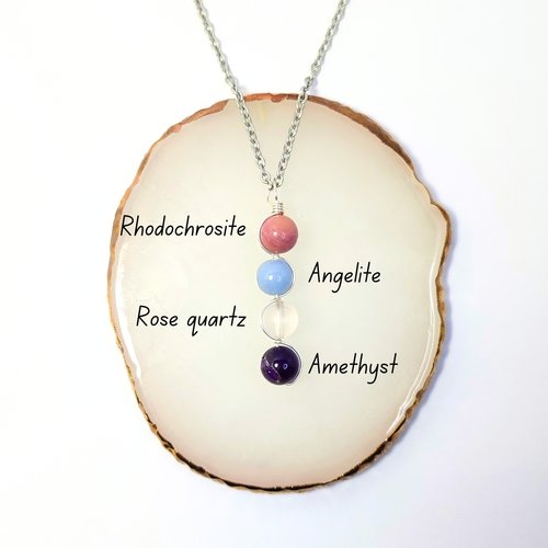 Necklace for grief with rhodochrosite, angelite, rose quartz and amethyst with chain or cord.