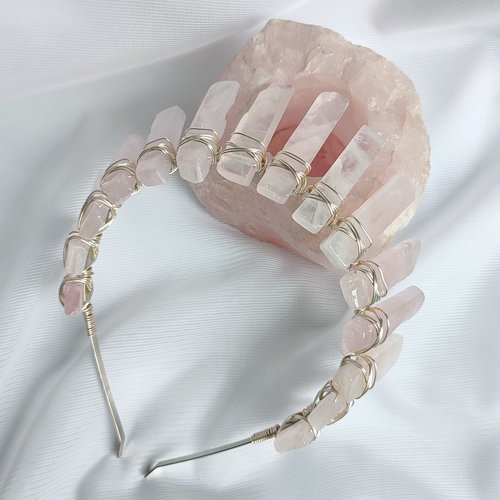 Aphrodite crystal crown with rose quartz wire wrapped onto a silver headband.