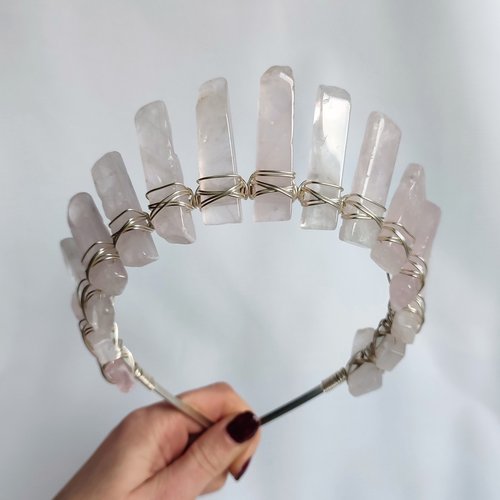 Aphrodite crystal crown with rose quartz wire wrapped onto a silver headband.