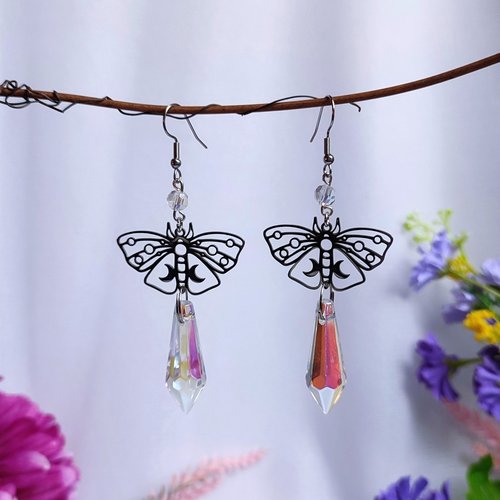 Butterfly earrings with glass crystal drops.