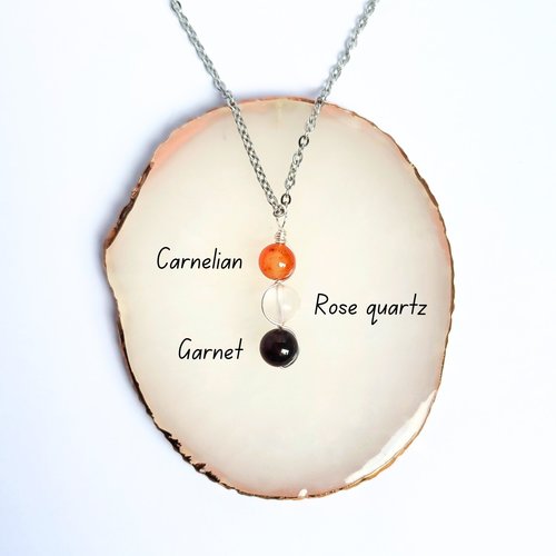 Gemstone pendant for love and relationships with carnelian, rose quartz and garnet beads.