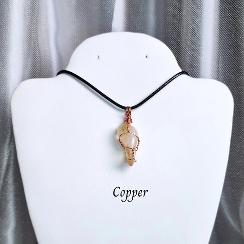 Citrine wire wrapped pendant in gold, rose gold or copper with cord.