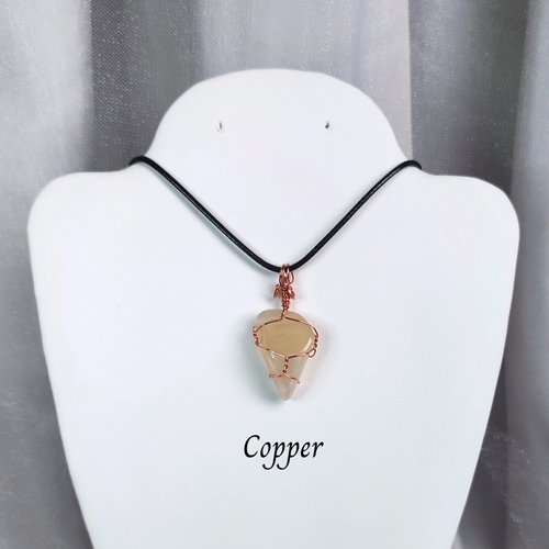Moonstone wire wrapped pendant in gold, rose gold or copper with cord.