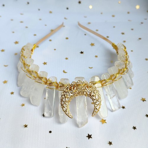 Elora crown with clear quartz and gold filigree moon.