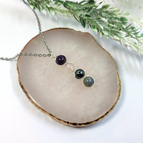 Empath Protection necklace with amethyst, rose quartz, hematite and labradorite beads.