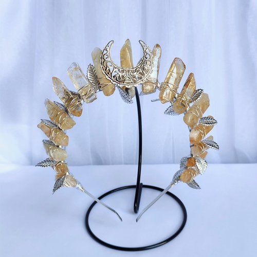 Empress Crown with citrine, gold filigree moon and gold leaf ribbon.