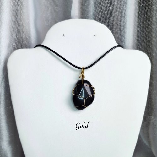 Obsidian wire wrapped pendant in gold, rose gold or copper.