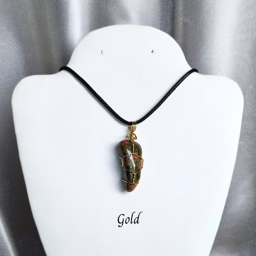 Unakite wire wrapped pendant in silver, gold or rose gold.