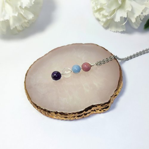 Necklace for grief with rhodochrosite, angelite, rose quartz and amethyst with chain or cord.