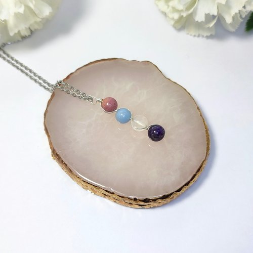 Necklace for grief with rhodochrosite, angelite, rose quartz and amethyst with chain or cord.