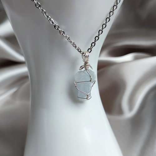 Raw Celestite Wire Wrapped Pendant in Silver
