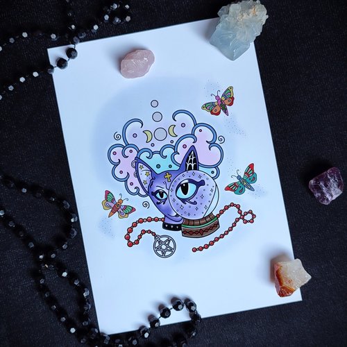 Mystic Cat with Crystal Ball Art Print
