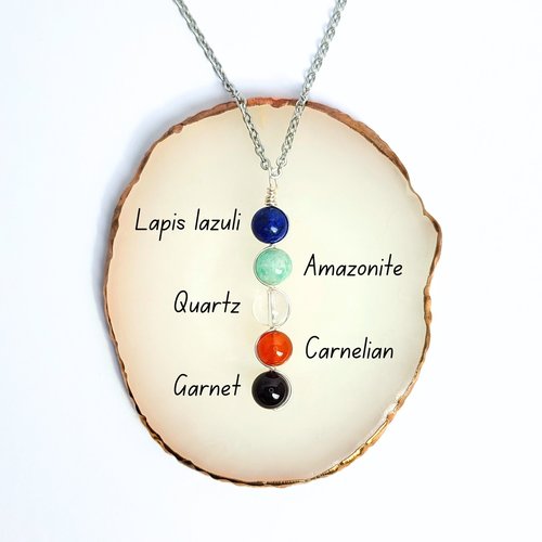 Creativity pendant with lapis lazuli, amazonite, quartz, carnelian and garnet.