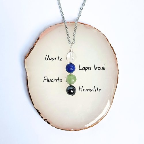 Study and exams gemstone pendant with quartz, lapis lazuli, fluorite and hematite with chain or cord.