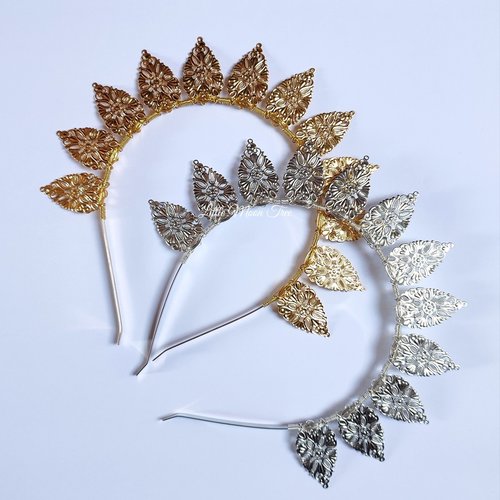Halo crowns with filigree teardrops in silver, gold or black.