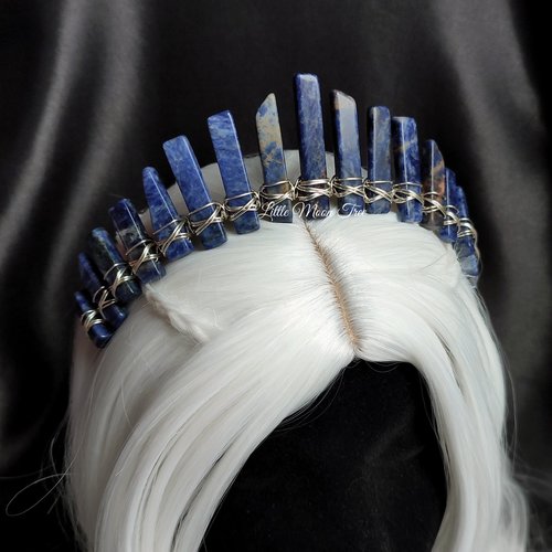 Atlantis crystal crown with sodalite wire wrapped onto a headband.