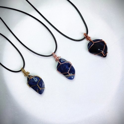 Sodalite wire wrapped pendant in gold, rose gold or copper.