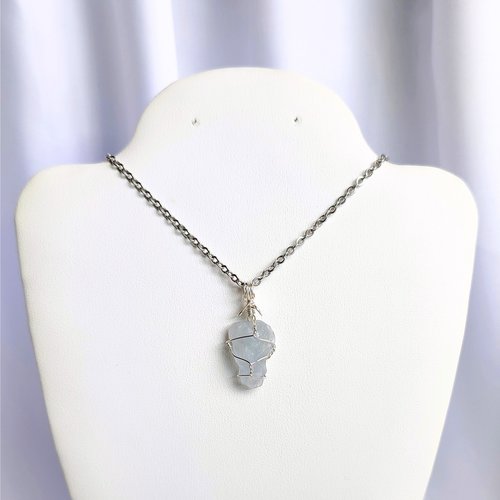 Raw celestite pendant wrapped in silver plated wire