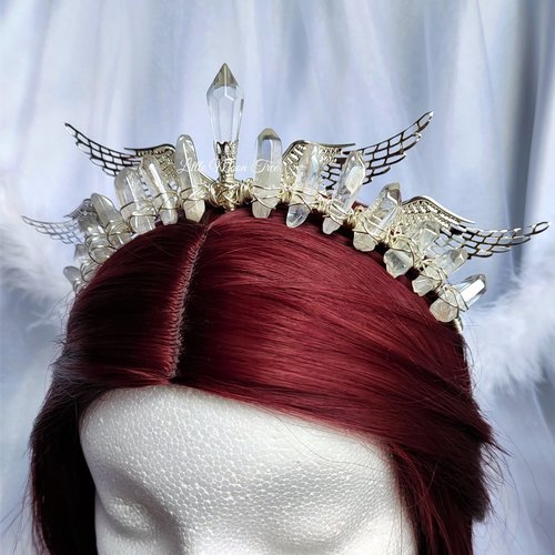 Angelus Crown with aura quartz, glass crystal and silver filigree wings.