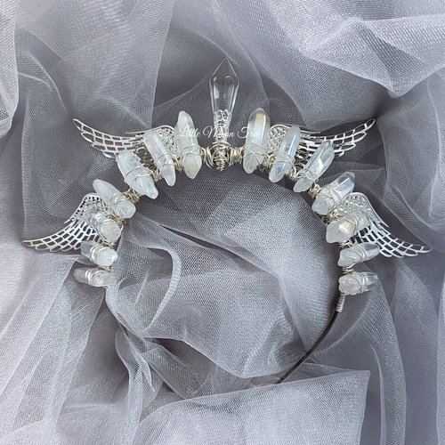 Angelus Crown with aura quartz, glass crystal and silver filigree wings.