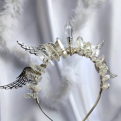Angelus Crown with aura quartz, glass crystal and silver filigree wings.