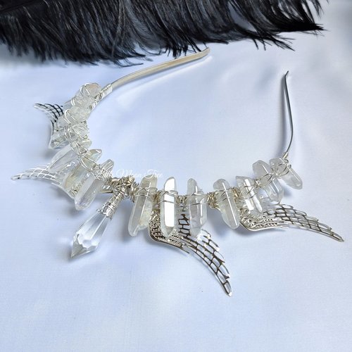 Angelus Crown with aura quartz, glass crystal and silver filigree wings.