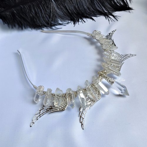 Angelus Crown with aura quartz, glass crystal and silver filigree wings.